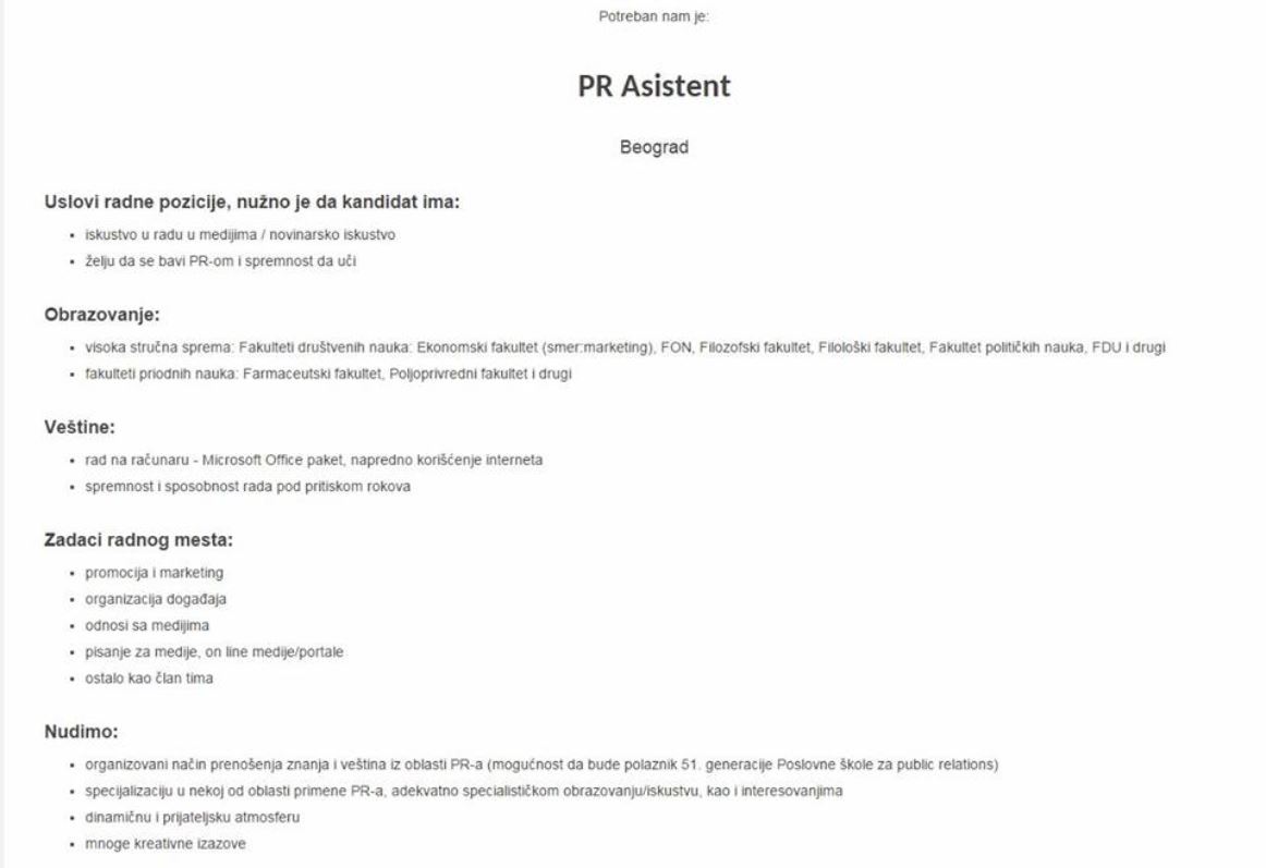 Oglas za posao PR asistenta FOTO: Printscreen